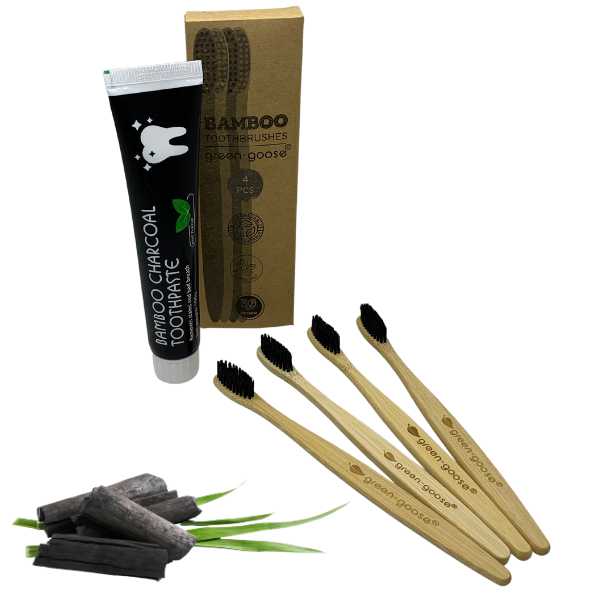 Bamboo Charcoal Toothpaste with 4 Bamboo Charcoal Toothbrushes green-goose