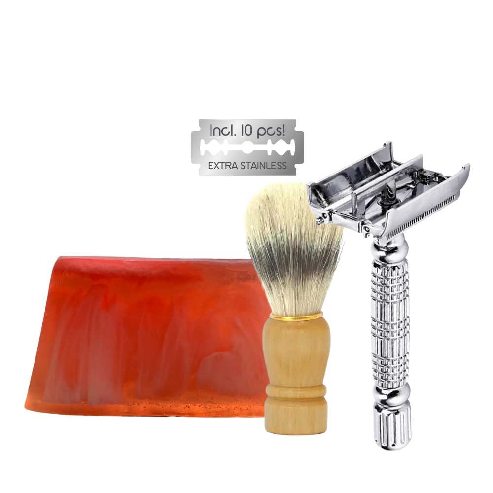 green-goose Classic Razor with Shaving Soap and Shaving Brush | Silver Butterfly Clasp green-goose