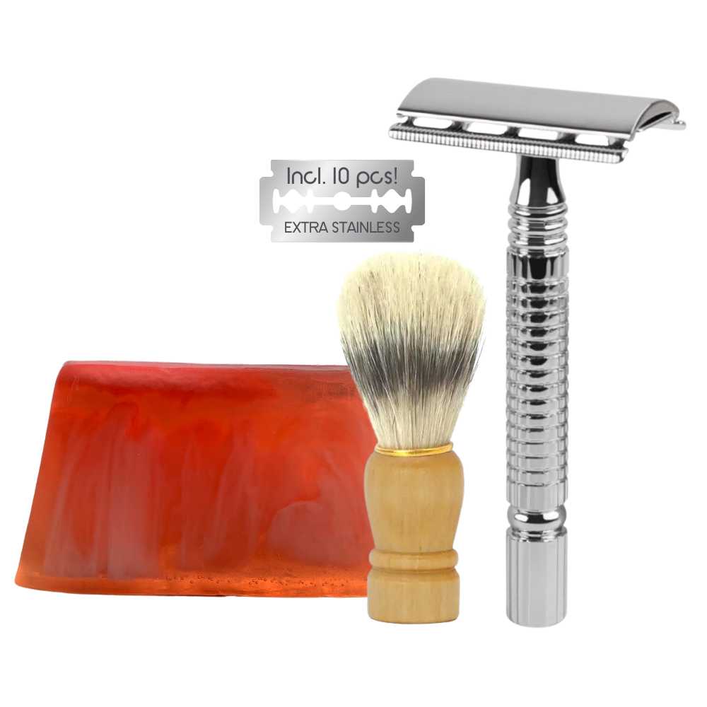 green-goose Classic Razor with Shaving Soap and Shaving Brush | Silver green-goose